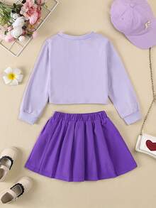 全新春秋季 4-7 岁少女返校休闲/户外/派对英文数字印花宽松紫色圆领运动衫搭配紫色百褶裙 2 件套 - 紫色 - 查看 2