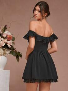 1pc Solid Color Off-Shoulder Ruffle Lace Splice Elegant Dress - Black - View 5