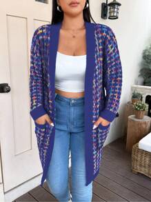 Flirla 大码长款格子混色开衫，带口袋