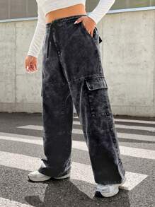 CovetEZ Plus Size Vintage Heavily Washed Street-Style Pocket Black Pants, Autumn/Winter - Black - View 5