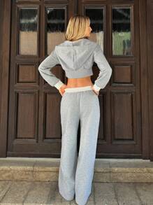 SHEIN EZwear 2pcs/Set Women Hoodie Long Sleeve Top And Contrasting Waistband Pocket Pants - Grey - View 2