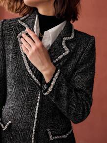 MOTF PREMIUM Mantel mit Stehkragen, Zierperlen und Pailletten-Besatz, Fischgrätmuster