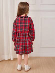 Cozy Pixies Young Girl Red Black Plaid Bow Decor Round Neck Ruffle Waist Long Sleeve Dress - Red - View 4