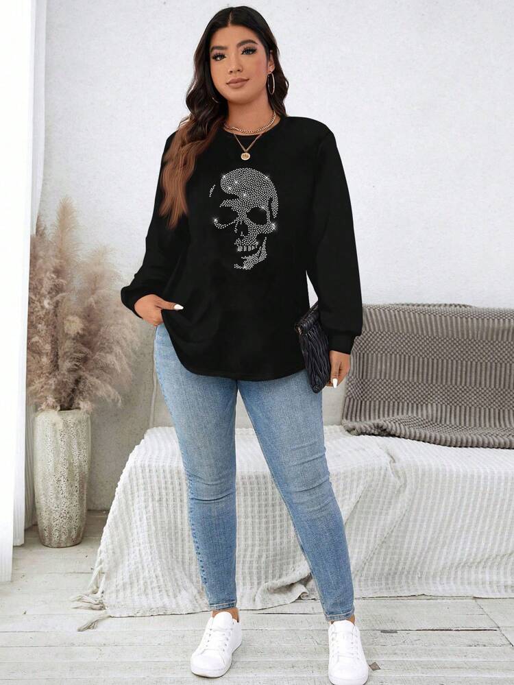 Casual Minimalist Rhinestone Print Skull Graphic Loose Fit Crew Neck Sweatshirt, Plus Size, Autumn/Winter