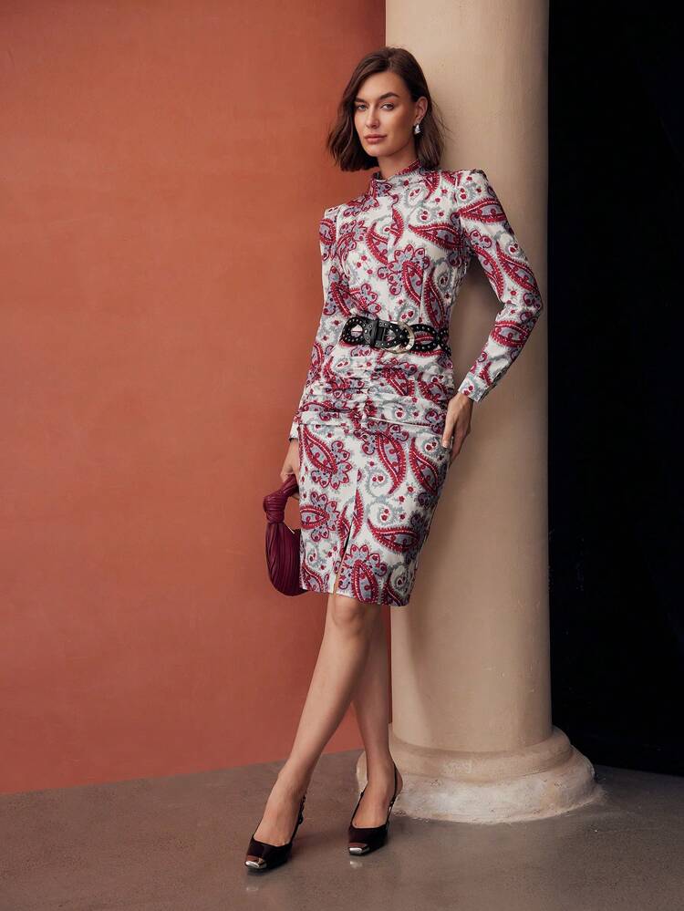 ELEGANT PAISLEY PRINT RUCHED DRESS