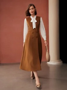 MOTF PREMIUM VESTIDO DE TIRANTES AJUSTADO A LA CINTURA DE DOBLE BOTONADURA