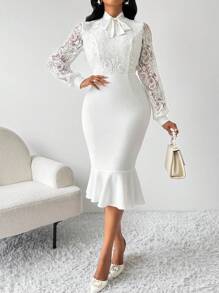 SHEIN Lady 白色领口吊带蕾丝连衣裙修身鱼尾优雅连衣裙荷叶边设计蕾丝长袖女式中长连衣裙白色连衣裙 - 白色 - 查看 1