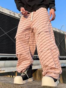 Manfinity Hypemode Men's Casual Street Style Full Graphic Print Drawstring Waist Loose Wide Leg Pants - Khaki - View 4