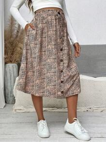 SHEIN Maternity Full-Print Button Front Elastic Waist Knee-Length Skirt - Apricot - View 1