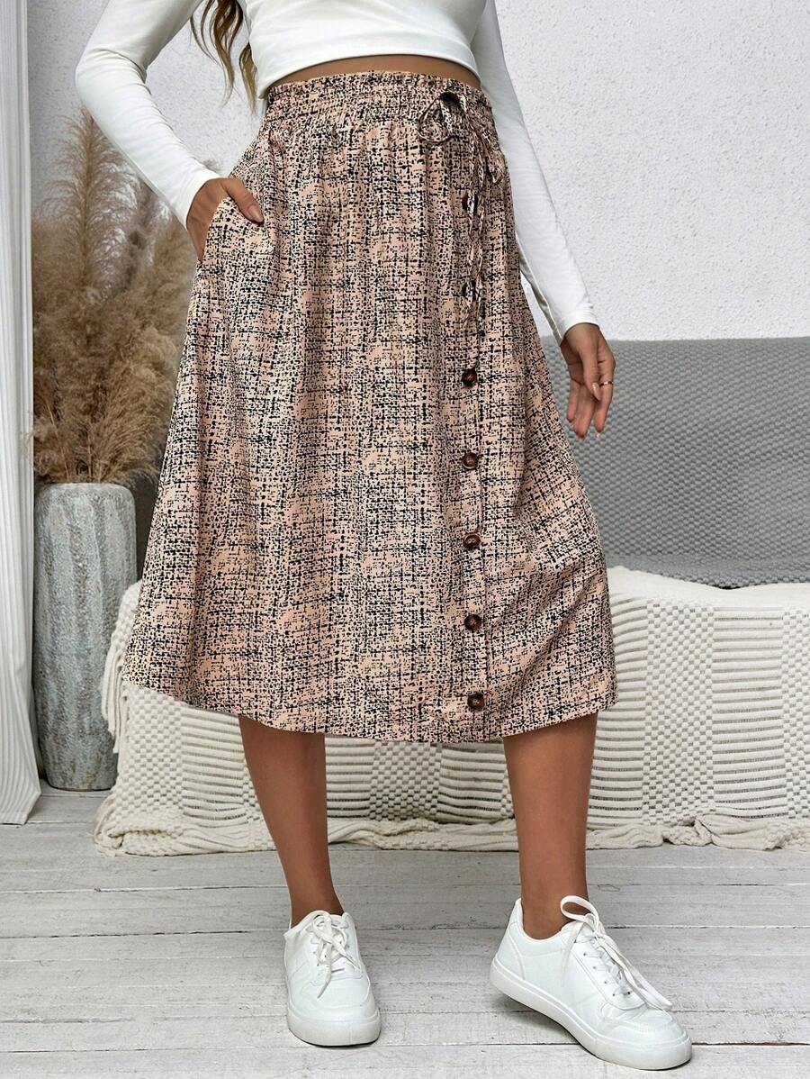 SHEIN Maternity Full-Print Button Front Elastic Waist Knee-Length Skirt - Apricot - View 1