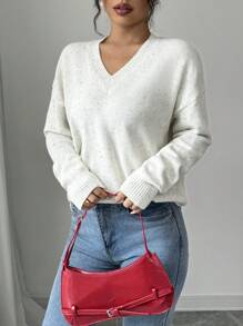 Chiquease Suéter holgado de cuello en V casual para mujer, adecuado para otoño/invierno