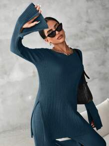 EURMUSE Cotton Solid Split Hem Tee & Flare Leg Pants - Teal Blue - View 4
