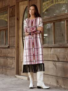 SHEIN LUNE LanaWest 女士宽松全印花流苏下摆落肩连衣裙 - 彩色 - 查看 5