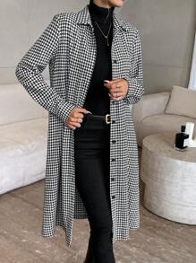 SHEIN Privé Giacca di stile camicia con stampa principe di galles, maniche lunghe, collo a revers e orlo con frange per donna - Bianco e nero - Visualizzare 5