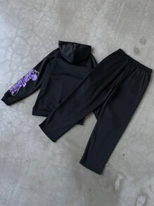 PAVTROS 男士秋季太阳脸印花拉链连帽衫和抽绳慢跑运动裤两件套休闲套装 - 黑色 - 查看 2