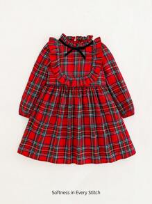 Cozy Pixies Young Girl Red Black Plaid Bow Decor Round Neck Ruffle Waist Long Sleeve Dress - Red - View 1