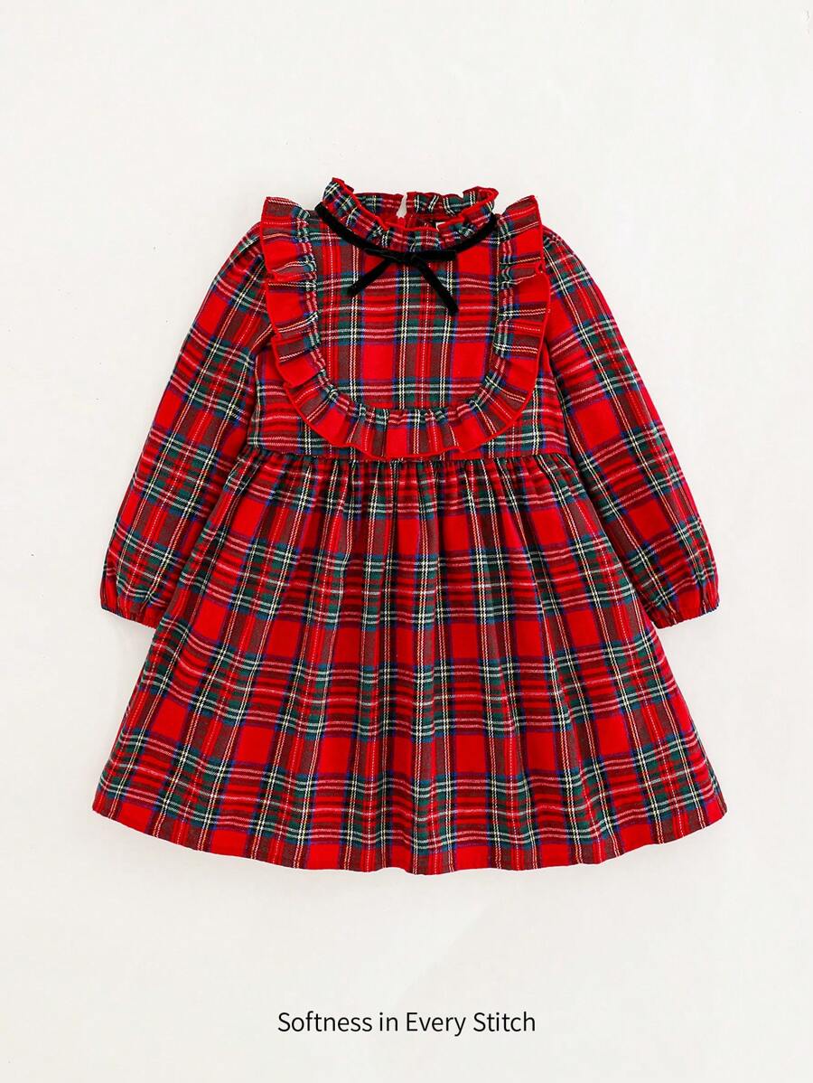 Cozy Pixies Young Girl Red Black Plaid Bow Decor Round Neck Ruffle Waist Long Sleeve Dress - Red - View 1
