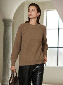 SHEIN Privé Loose Casual Ribbed Knit Button Sweater, Knit Pullover Fall Winter - Mocha Brown - View 5