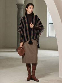 SHEIN Privé Women's Autumn/Winter Boho Tassel Knitted Poncho Sweater, Fall - Multicolor - View 4