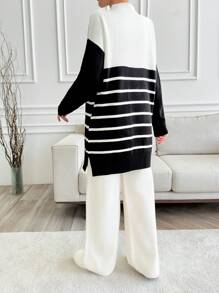 RueChic Woman High Neck Striped Sweater And Pants Co-Ords Winter Two Piece Outfits