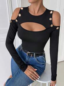 Chiquease Women Sexy Solid Color Hollow Out Open Shoulder Long Sleeve T-Shirt