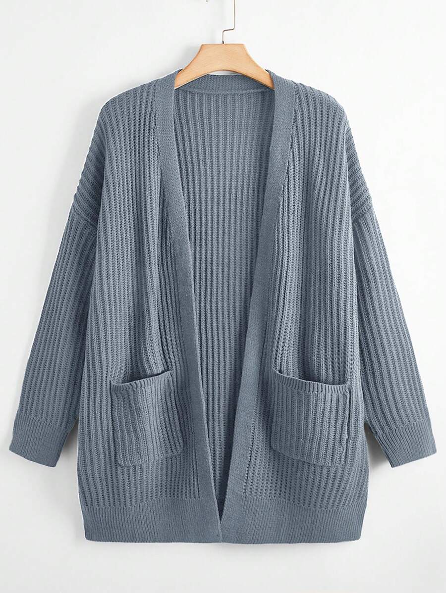 SHEIN LUNE 1 件大码纯色开衫，带口袋，休闲秋冬 - 霧霾藍 - 查看 1