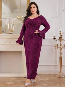 Modelyn Plus Size Elegant Glitter Flare Sleeve Fitted Long Dress, Autumn - Purple - View 7