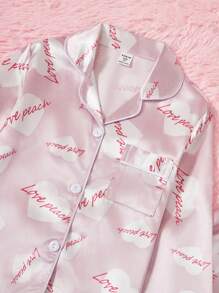 SHEIN 2 件套女童可爱时尚粉色字母心形图案斜纹面料翻领开衫和裤子舒适休闲家居服套装 - 粉色 - 查看 5