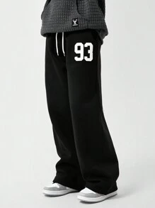 SHEIN Tween 男童数字印花休闲宽松直腿运动裤 - 黑色 - 查看 4