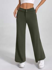 SHEIN PETITE Quần ống đứng loe cạp cao màu trơn - Màu xanh Ô liu - Xem 6