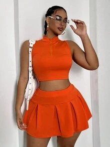 Maweii Ensemble de débardeur court moulant de couleur unie et mini-jupe, grande taille
