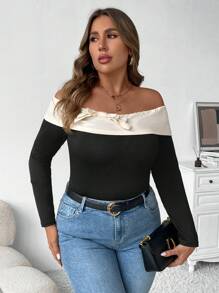 SHEIN Clasi 1 件女式加大码彩色拼布弹性蝴蝶结装饰修身针织紧身衣，长袖 - 彩色 - 查看 4