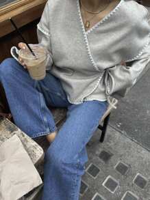 SHEIN Frenchy Veste croisée décontractée pour femmes en automne, avec blocs de couleurs et passepoil - Gris - Voir 3