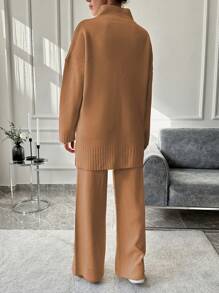 EURMUSE Women Casual Solid Color Stand Collar Sweater & Long Pants 2Pcs Set For Autumn/Winter - Camel - View 2