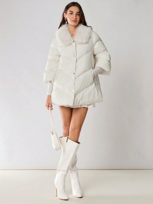 Enchnt Women's Solid Color Fluffy Patchwork Collar Winter Long-Sleeved Coat, A-Line Coat, Warm Coat, Autumn And Winter Coat, Daily Wear Coat