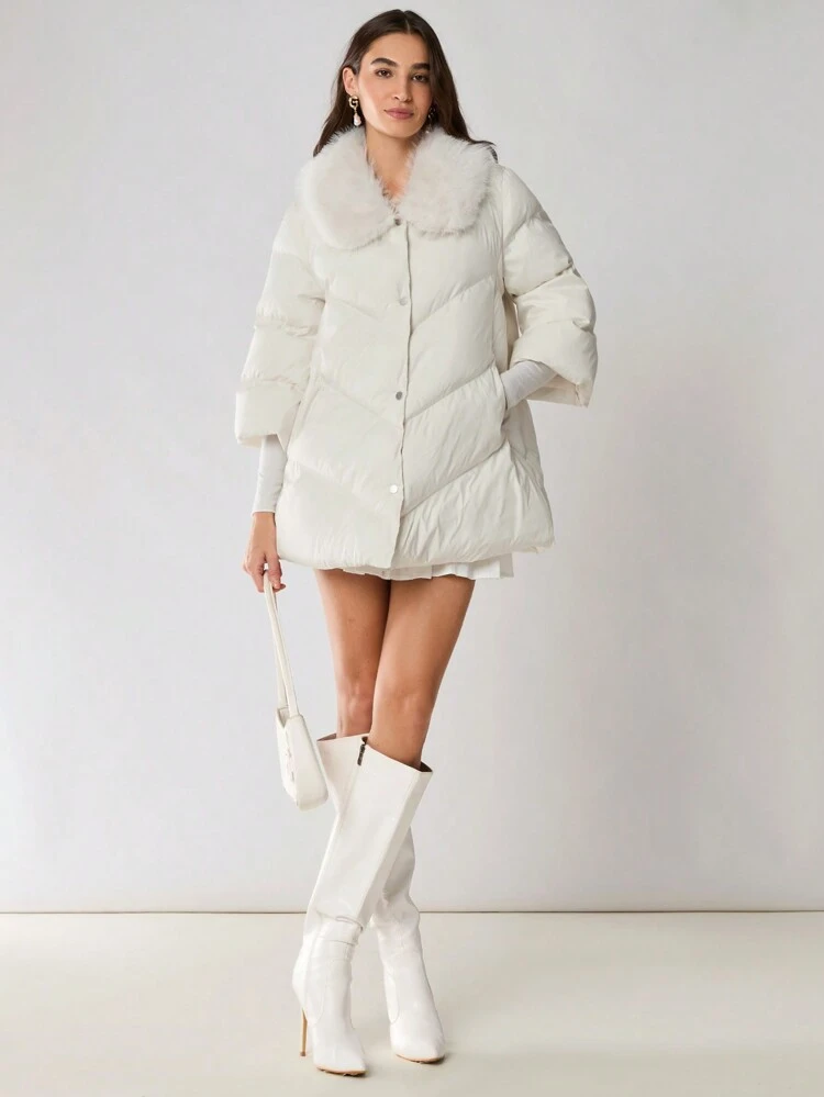 Women's Solid Color Fluffy Patchwork Collar Winter Long-Sleeved Coat, A-Line Coat, Warm Coat, Autumn And Winter Coat, Daily Wear Coat