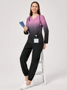 TaskEZ V-Neck Long Sleeve Ombre Minimalist Top And Pants Scrub Uniform Set - Multicolor - View 1