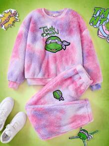 TEENAGE MUTANT NINJA TURTLES | SHEIN Tween Girl Cartoon Turtle Graphic Tie-Dye Oversized Teddy Sweatshirt & Pants Set