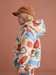 THE HAPPY LOOK Young Boy Geometric Print Long Sleeve Hooded Casual Padded Coat For Everyday Wear, Autumn/Winter