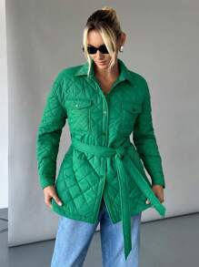 SHEIN Essnce Women Forest Green Padded Coat With Belt,Winter Casual Occasion Quilted Jacket,Warm Long Fleece Shacket,Windbreaker Outwear, Fall Clothes - Green - View 5