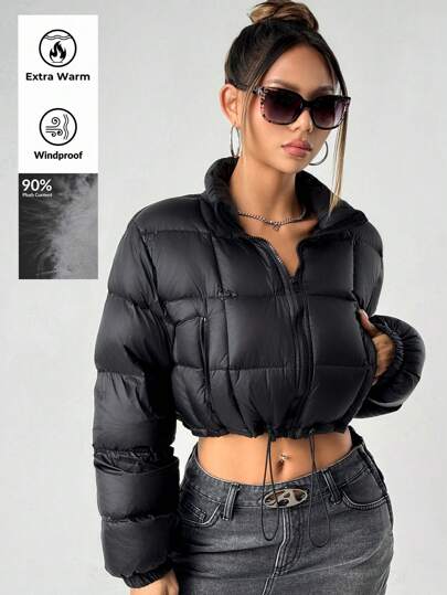 SHEIN ICON Women Casual Solid Color Drawstring Hem Short Down& Feathers Y2K Black Cropped Puffer Jacket, Winter