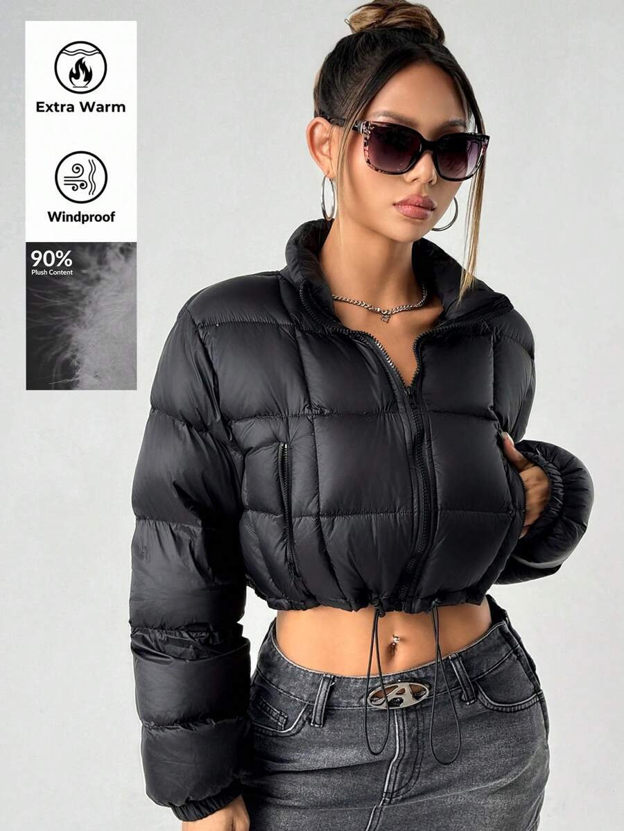 SHEIN ICON 女士休闲纯色抽绳下摆短款羽绒服,冬季 - 黑色 - 查看 1