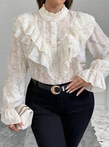 Firerie Plus Size Women Turtleneck Ruffle Trim Jacquard Patterned Long Sleeve Blouse - Apricot - View 6