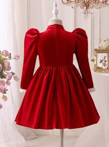 SHEIN Mommy And Me Young Girl's And Young Girl's Red Velvet Hollow Pearl Button Dress Set, Suitable For Christmas  Party Wear - Red - View 2