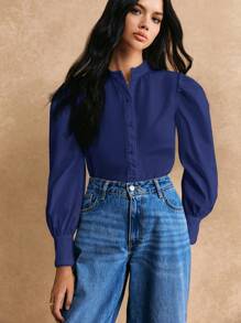 Poéselle 女士单排扣长袖纯色休闲上衣，简约设计，日常穿着 - 藍色 - 查看 6