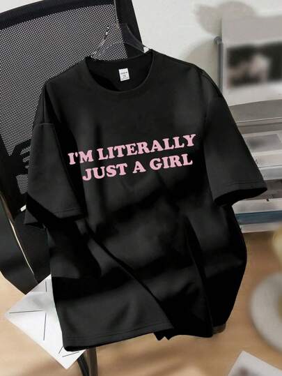 Tween Girls Casual Comfortable Letter Graphic Print Short Sleeve Round Neck T-Shirt, Suitable For Summer Holiday Outfit