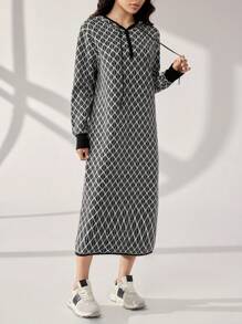 Mulvari 1 件女士几何印花连帽领休闲百搭长袖毛衣连衣裙 - 黑與白 - 查看 7