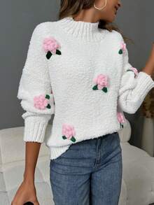 SHEIN LUNE 女士休闲浪漫 3D 花卉高领毛衣 - 米色 - 查看 6