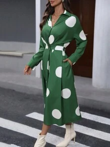 SHEIN LUNE 90s Retro Elegant Green Polka Dot Office Lady Long Dress, Autumn Christmas Women Clothes - Green - View 3