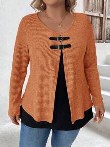 EMERY ROSE Women Plus Size Casual Contrast Color Button Detail Pullover Top, Autumn